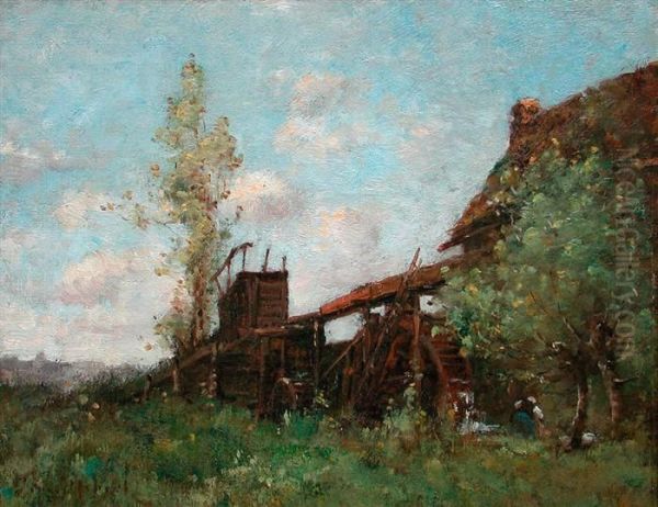 Lavandiere En Face D'un Moulin. Oil Painting by Paul Trouillebert