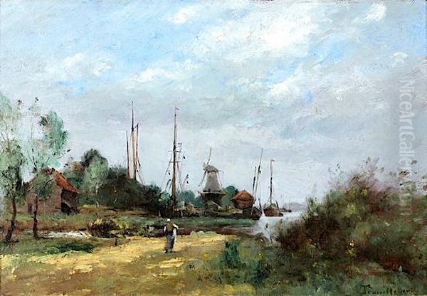 Paysage A La Lavandiere Et Au Moulin Oil Painting by Paul Trouillebert