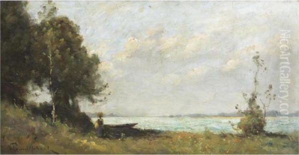 La Lavandiere Marchant Au Bord De La Loire Oil Painting by Paul Trouillebert