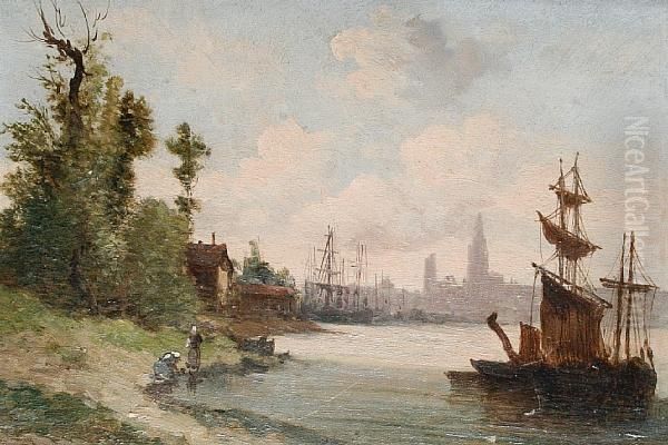 Boats At Anchor With A Town Beyond Oil Painting by Paul Trouillebert