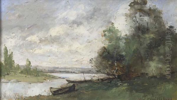 Barques En Bord De Riviere Oil Painting by Paul Trouillebert