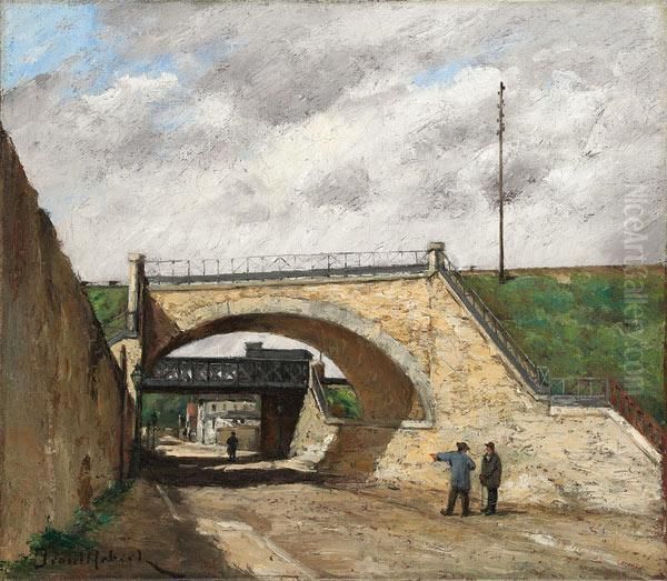 Le Chemin De Fer De Ceinture, Le Pont De La Rue Rottenbourg A Paris Oil Painting by Paul Trouillebert