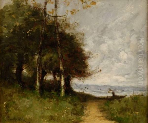 Bord De La Riviere Avec Pecheur
 Sur Sa Toile D'origine Oil Painting by Paul Trouillebert