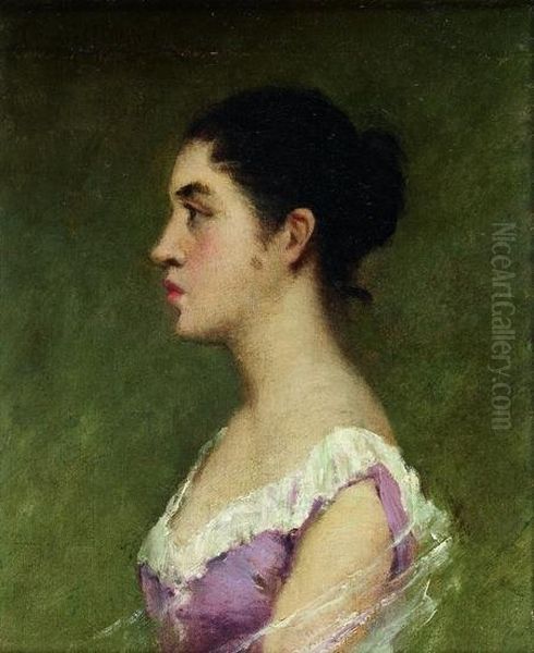 Portrait De Jeune Femme De Profil A La Robe Mauve Oil Painting by Paul Trouillebert