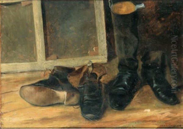 Bottes Et Chaussures [ ; Still 
Life With Boots ; Oil On Cardboard ; Signed Lower Right Trouillebert And
 Inscribed On The Reverse By Marie Trouillebert A Monsieur Gautiez En 
Souvenir De Mon Cher Mari / Marie Trouillebert / 6 Juillet 1904] Oil Painting by Paul Trouillebert