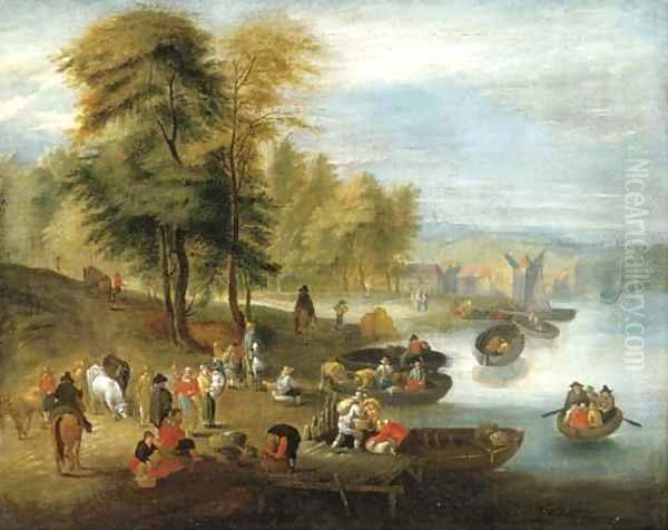 A river estuary with peasants loading barges Oil Painting by Mattijs Schoevaerdts