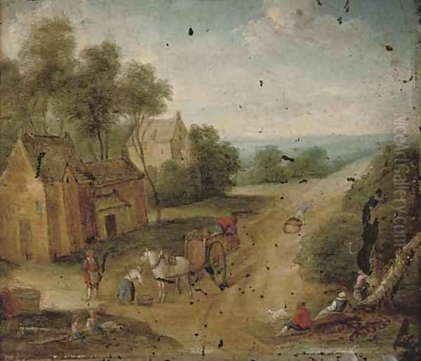 A wooded landscape with figures on horseback by a village Oil Painting by Mattijs Schoevaerdts