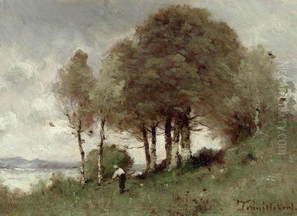 Wooded River Landscape With Peasants. Oil Painting by Paul Trouillebert