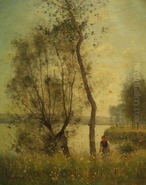 Picking Flowers Along The River Oil Painting by Paul Trouillebert