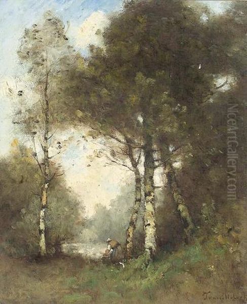 Femme Sous Arbres Au Bord De La Riviere. Oil Painting by Paul Trouillebert