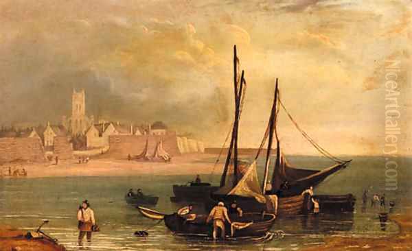 Fishermen by their boats close to shore with a town beyond Oil Painting by Robert Salmon