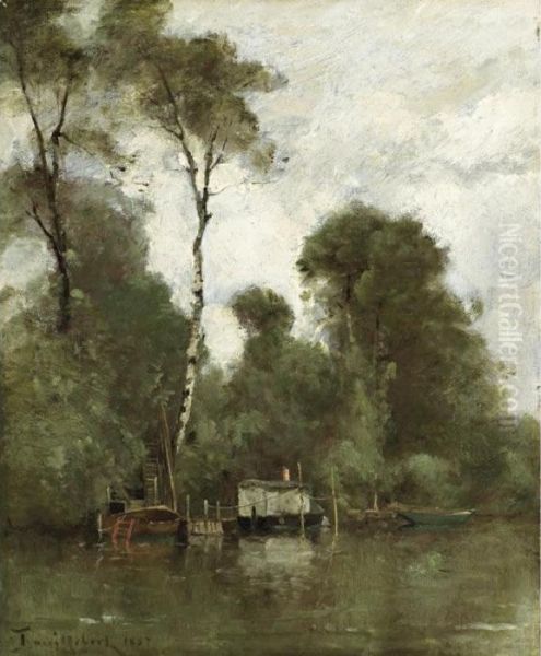 Boats At River Side Oil Painting by Paul Trouillebert