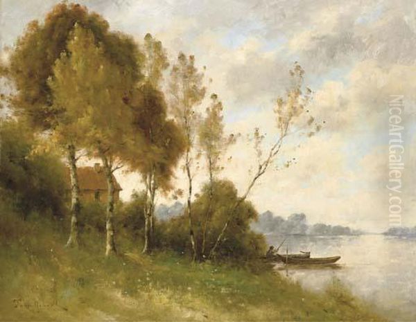 Pecheur Dans Sa Barque Au Bord D'une Riviere Oil Painting by Paul Trouillebert