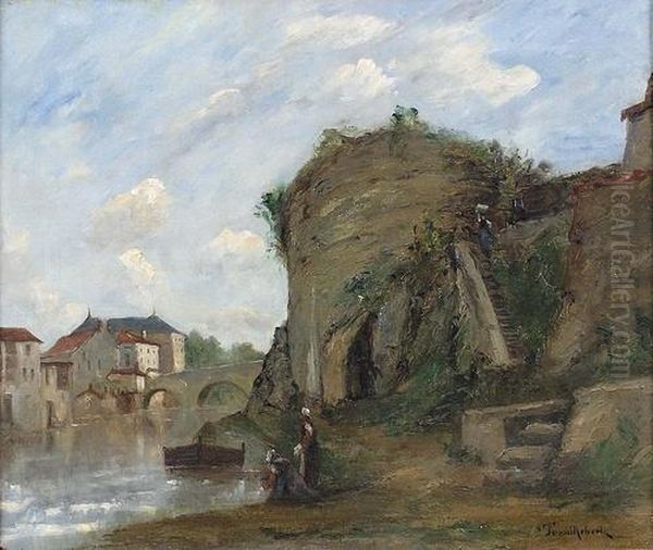 Le Vieux Pont Sur La Thouet A Parthenay. Oil Painting by Paul Trouillebert