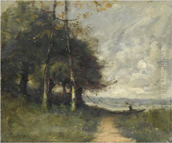 Bord De Riviere Avec Pecheur Oil Painting by Paul Trouillebert