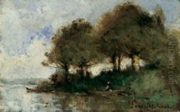 Flusslandschaft Mit Einer Person In Einem Ruderboot Oil Painting by Paul Trouillebert