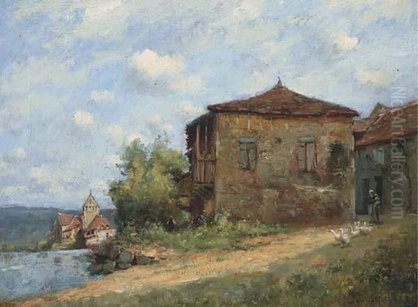 Gardienne D'oies Pres D'une Maison, En Bordure De Riviere Oil Painting by Paul Trouillebert