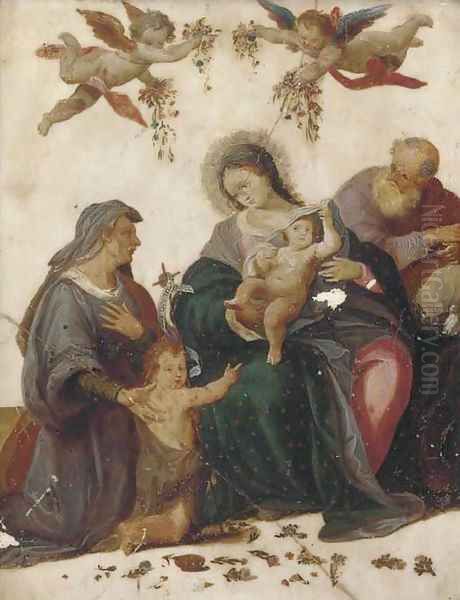 The Holy Family with the Infant Saint John the Baptist and Saint Anne with cherubs scattering flowers Oil Painting by Tuscan School