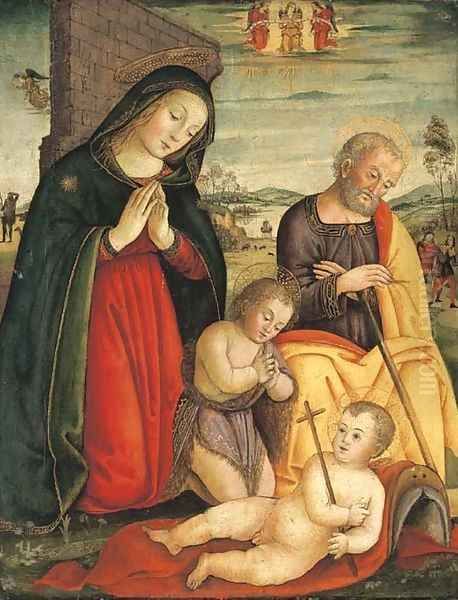 The Holy Family with the Infant Saint John the Baptist, the Annunciation of the Shepherds beyond Oil Painting by Tuscan School