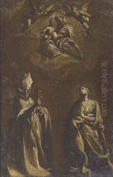 The Virgin and Child appearing to a Bishop Saint and a kneeling female () Saint Oil Painting by Tuscan School