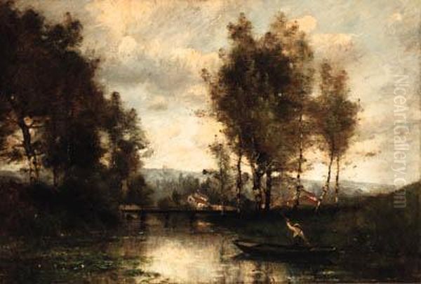 A Punt In A River Landscape Oil Painting by Paul Trouillebert