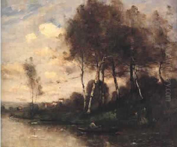 Pecheur Au Bord De La Riviere. Oil Painting by Paul Trouillebert