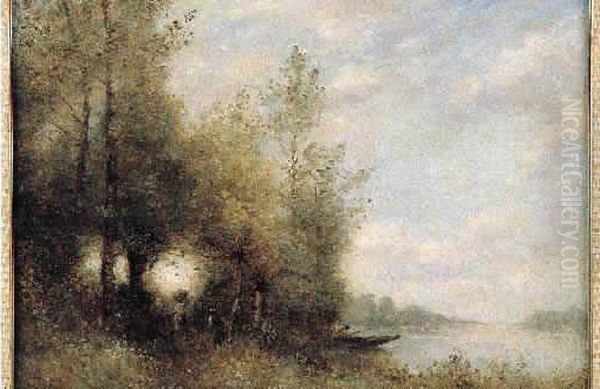 Pecheur Au Bord De L'eau. Oil Painting by Paul Trouillebert