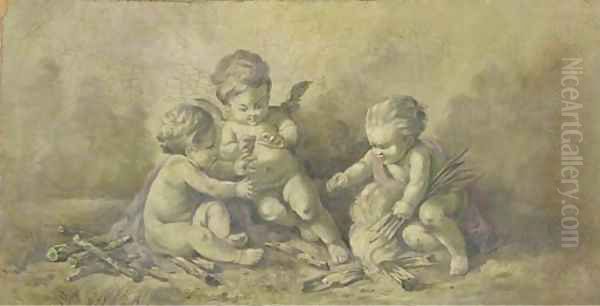 Three putti lighting a fire en grisaille Oil Painting by Piat Joseph Sauvage