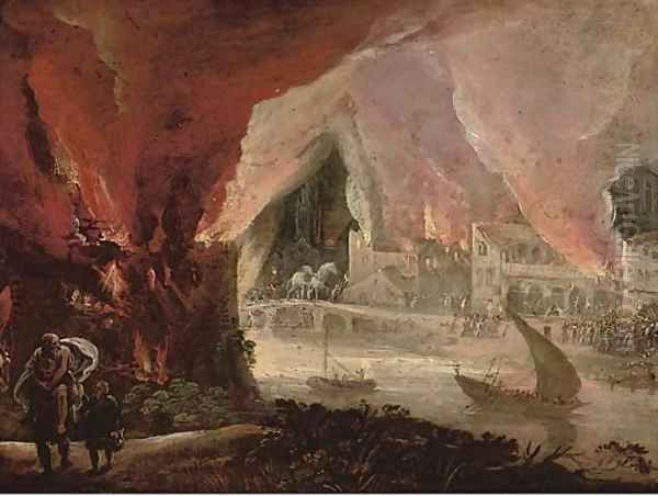 Aeneas fleeing burning Troy with Anchises and Ascanius Oil Painting by Pieter Schoubroeck