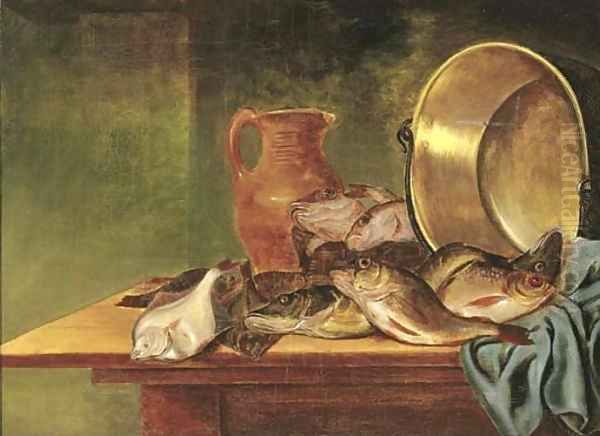 Plaice, red gurnard and other fish in a basket Oil Painting by Pieter Van Schaeyenborgh