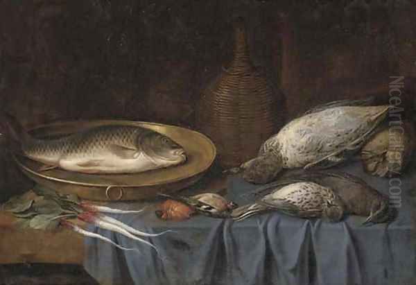 Dead birds, a fish on a copper platter, a bottle of wine and root vegetables on a draped table Oil Painting by Sebastien Stoskopff