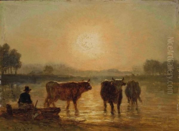 Vaches S'abreuvant Au Coucher Du Soleil Oil Painting by Constant Troyon