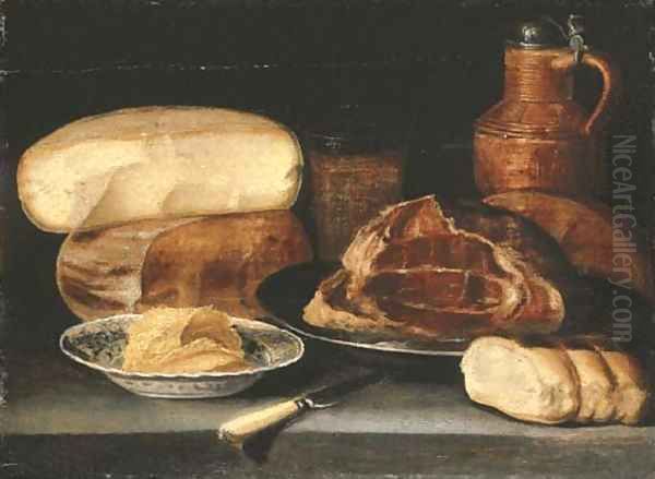 A ham on a pewter dish, a cheesestack, a jug, a glass, butter in a blue and white porcelain dish, bread and a knife on a ledge Oil Painting by Sebastien Stoskopff