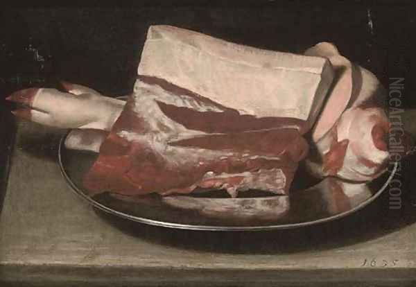 A leg of pork on a pewter plate, on a table Oil Painting by Sebastien Stoskopff