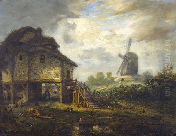 Landschaft Mit Bauernhaus Und Windmuhle Oil Painting by Constant Troyon