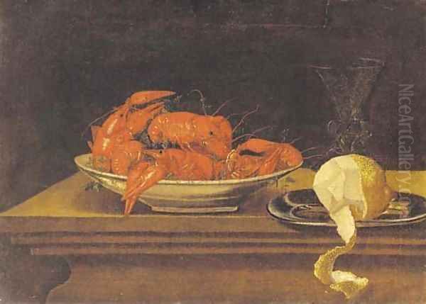 A lobster on a ceramic dish Oil Painting by Sebastien Stoskopff