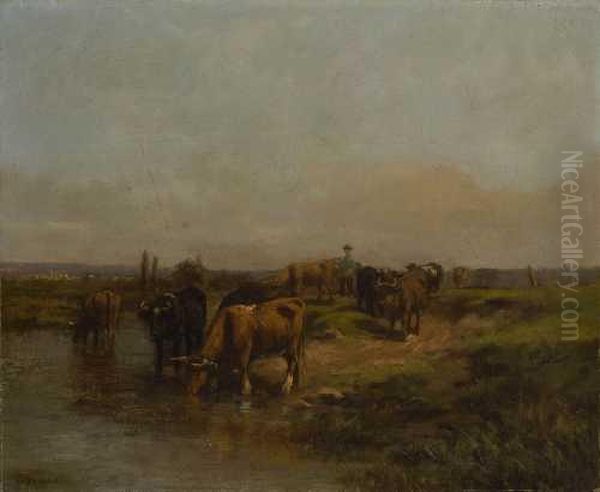 Hirte Mit Rindern Am Wasser Oil Painting by Constant Troyon