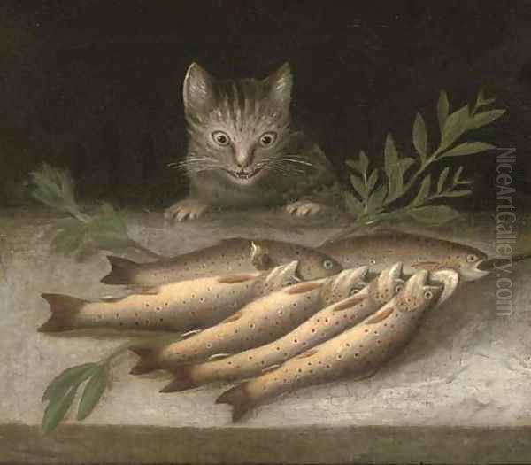 A table of dead fish with a cat looking on Oil Painting by Sebastien Stoskopff