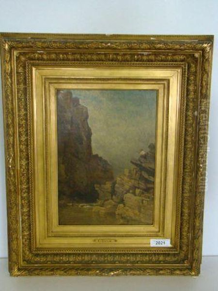 A Man Walking Over
Cliffs Above A River. Oil Painting by Constant Troyon