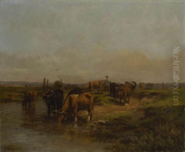 Hirte Mit Rindern Am Wasser. Oil Painting by Constant Troyon