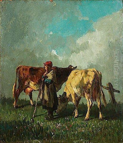 Jeune Vachere Gardant Deux Bovins Oil Painting by Constant Troyon