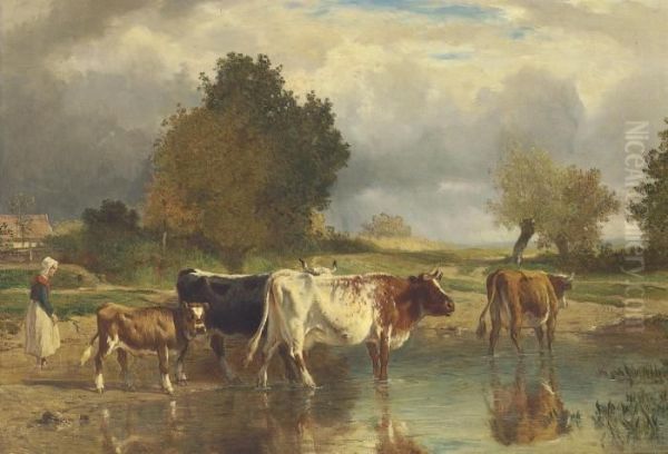 Vaches Et Veau A La Mare (l'abreuvoir) Oil Painting by Constant Troyon