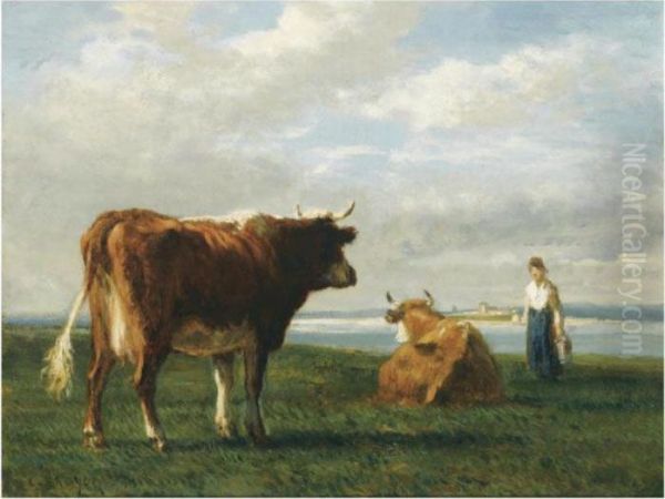 A Cowherdess In A Summer Landscape Oil Painting by Constant Troyon