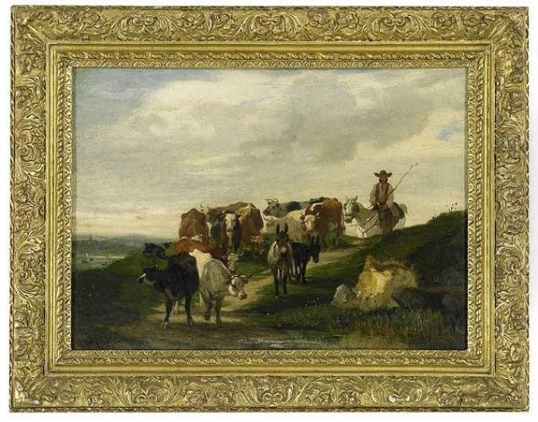 Kuhe Und Maultiere Auf Dem Wegzur Tranke. Oil Painting by Constant Troyon