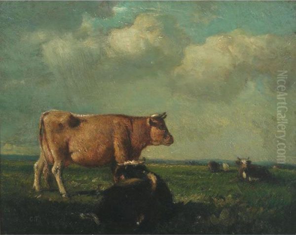 Cows At Rest In An Extensive Landscape Oil Painting by Constant Troyon