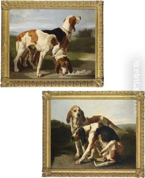 Two Tethered Hounds, One 
Drinking Water, In A Landscape; And Two Tethered Hounds, One Sitting, In
 A Landscape Oil Painting by Constant Troyon