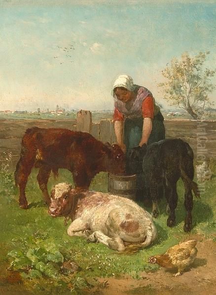 Tending The Calves Oil Painting by Constant Troyon