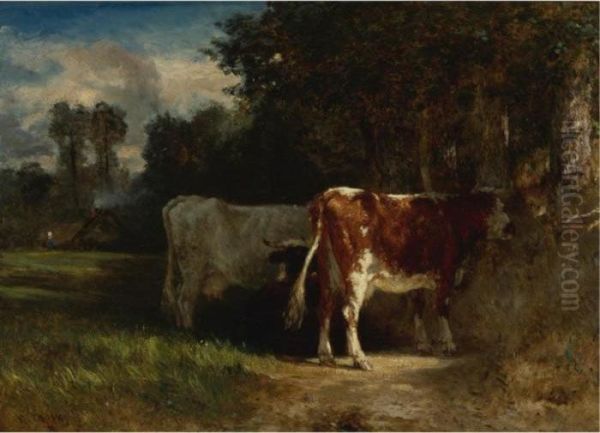 Cows In A Landscape Oil Painting by Constant Troyon