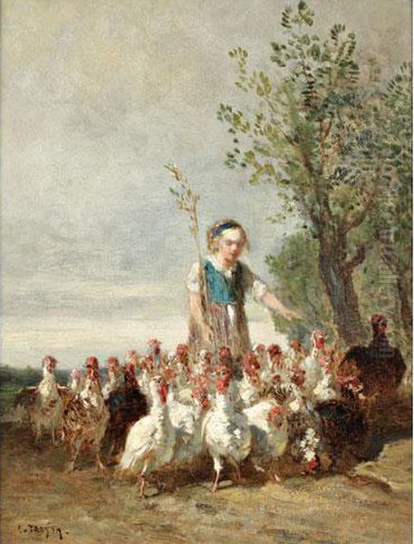 La Jeune Gardiennede Dindons Oil Painting by Constant Troyon