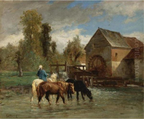 Watering The Horses Oil Painting by Constant Troyon